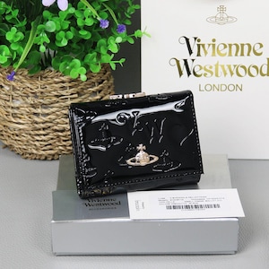 Cartera triple de cuero negro Vivienne Westwood con orbe dorado auténtico imagen 1
