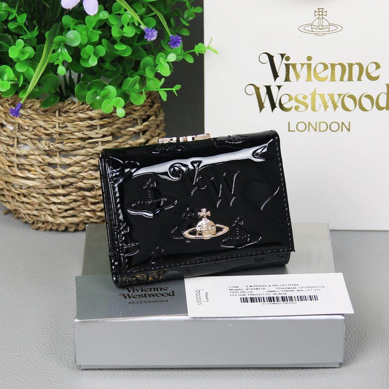 Cartera triple de cuero negro Vivienne Westwood con orbe dorado auténtico imagen 1