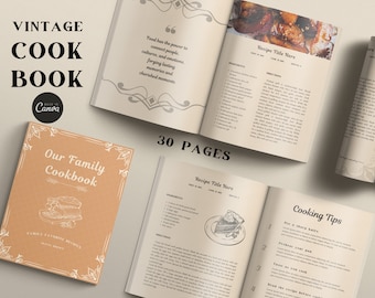 May include: A vintage cookbook mockup with a brown cover and white text that reads "Our Family Cookbook". The cover has a decorative border with a white illustration of a loaf of bread. The inside pages are open to a recipe with a title, ingredients, and instructions. The pages are cream-colored with a vintage aesthetic.