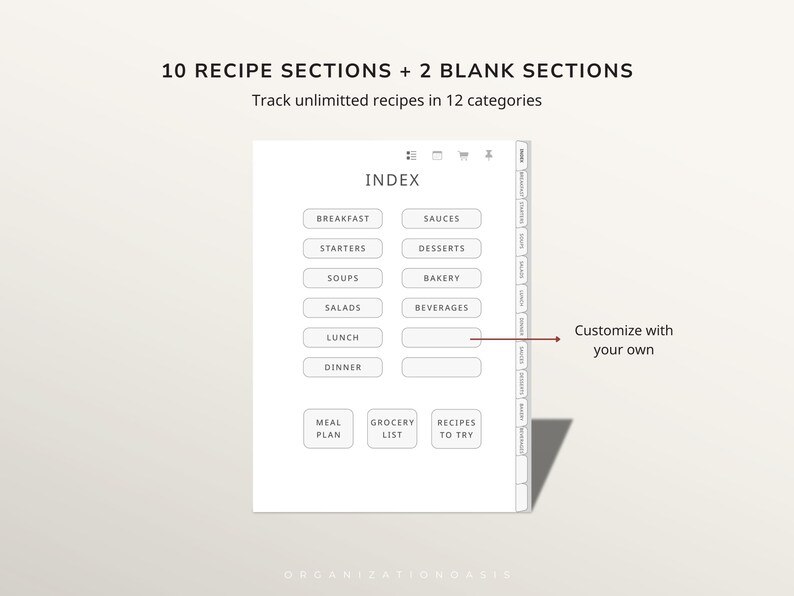 Digital Recipe Book for reMarkable 2 & 1, Hyperlinked Recipe Journal with Index ,12 Categories, Weekly Meal Planner & Grocery List
