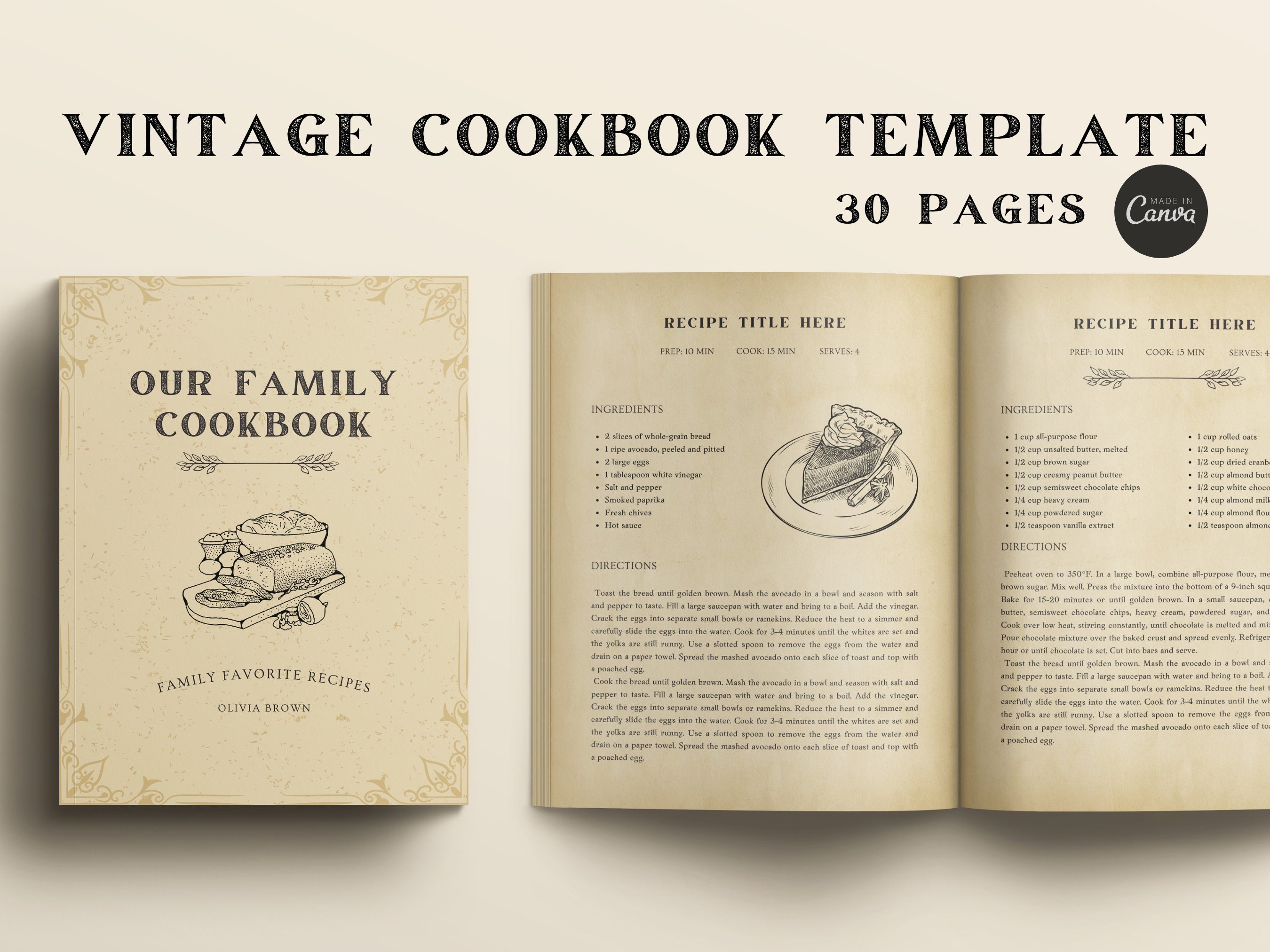 Vintage Style Cookbook Template, Editable Recipe Book Template, Printable Retro Recipe Pages, Canva Template