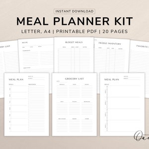 Printable Meal Planner Kit, Weekly and Monthly Meal Planners, Food Inventory Trackers, Meal Prep, Grocery List, Kitchen Inventory