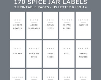 170 Spice Jar Labels Printable PDF, Modern Minimalist Spice Jar Label, DIY Spice Jar Label, Instant Download