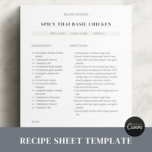 Canva Recipe Template, Printable Recipe Cookbook, Editable Recipe Template, Simple Recipe Card, Modern Recipe Book