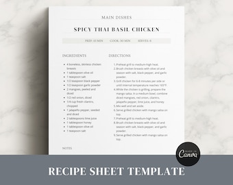 Canva Recipe Template, Printable Recipe Cookbook, Editable Recipe Template, Simple Recipe Card, Modern Recipe Book