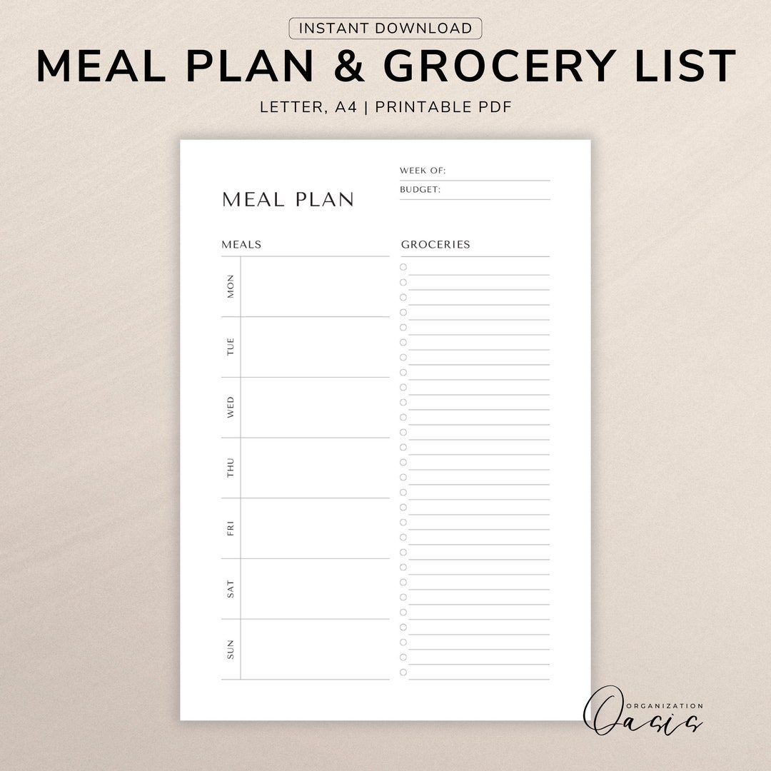 Weekly Meal Planner With Grocery List Printable Template, 7 Day Menu ...