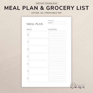 Planificateur de repas hebdomadaire avec modèle imprimable de liste de courses, plan de menu sur 7 jours, santé et forme physique, téléchargement immédiat