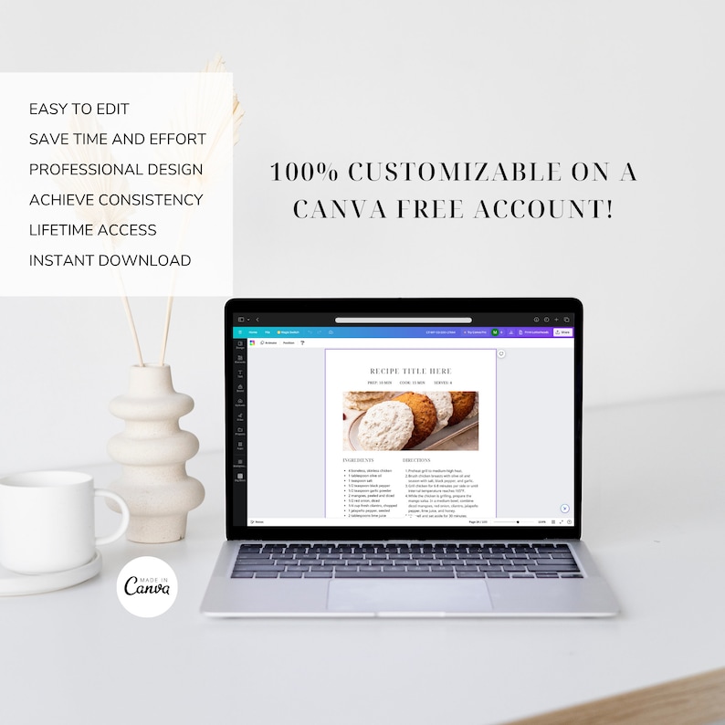 100 Page Cookbook Template, Recipe Book Template, Cook Book Template, Recipe Template, Canva Templates