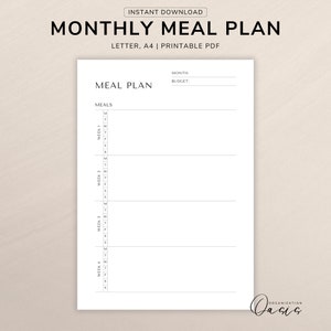 Planificateur de repas mensuel minimaliste à imprimer, planificateur de menus 30 jours, planificateur alimentaire à budget mensuel, santé et forme physique