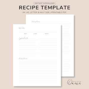 Plantilla de receta imprimible, libro de recetas, página de recetas en blanco, tarjeta de recetas, diario de cocina casera, diseño minimalista, tamaño A4/A5/carta/medio