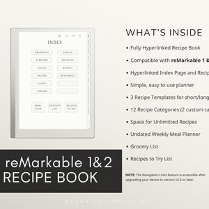 Digital Recipe Book for reMarkable 2 & 1, Hyperlinked Recipe Journal with Index ,12 Categories, Weekly Meal Planner & Grocery List