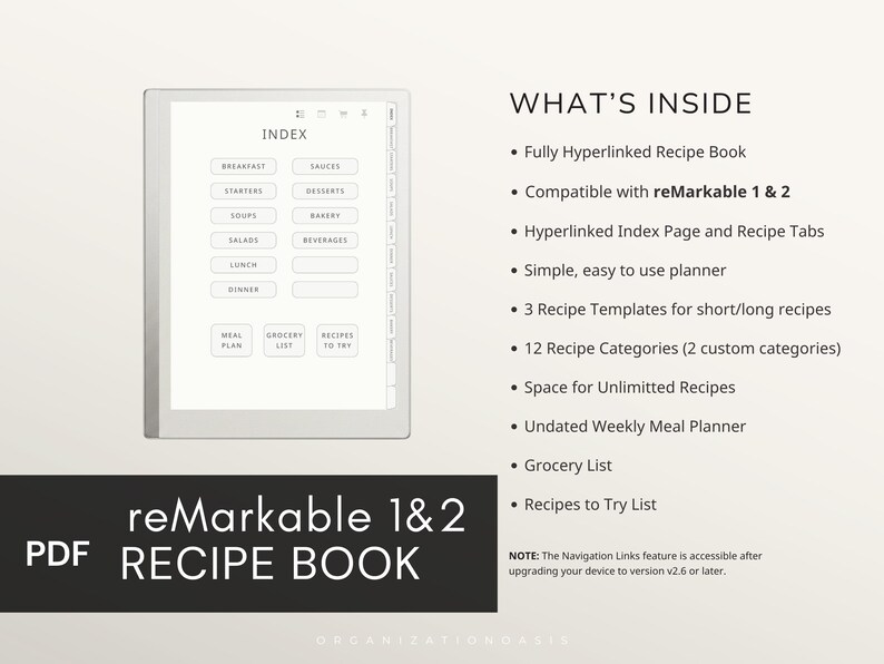 Digital Recipe Book for reMarkable 2 & 1, Hyperlinked Recipe Journal with Index ,12 Categories, Weekly Meal Planner & Grocery List