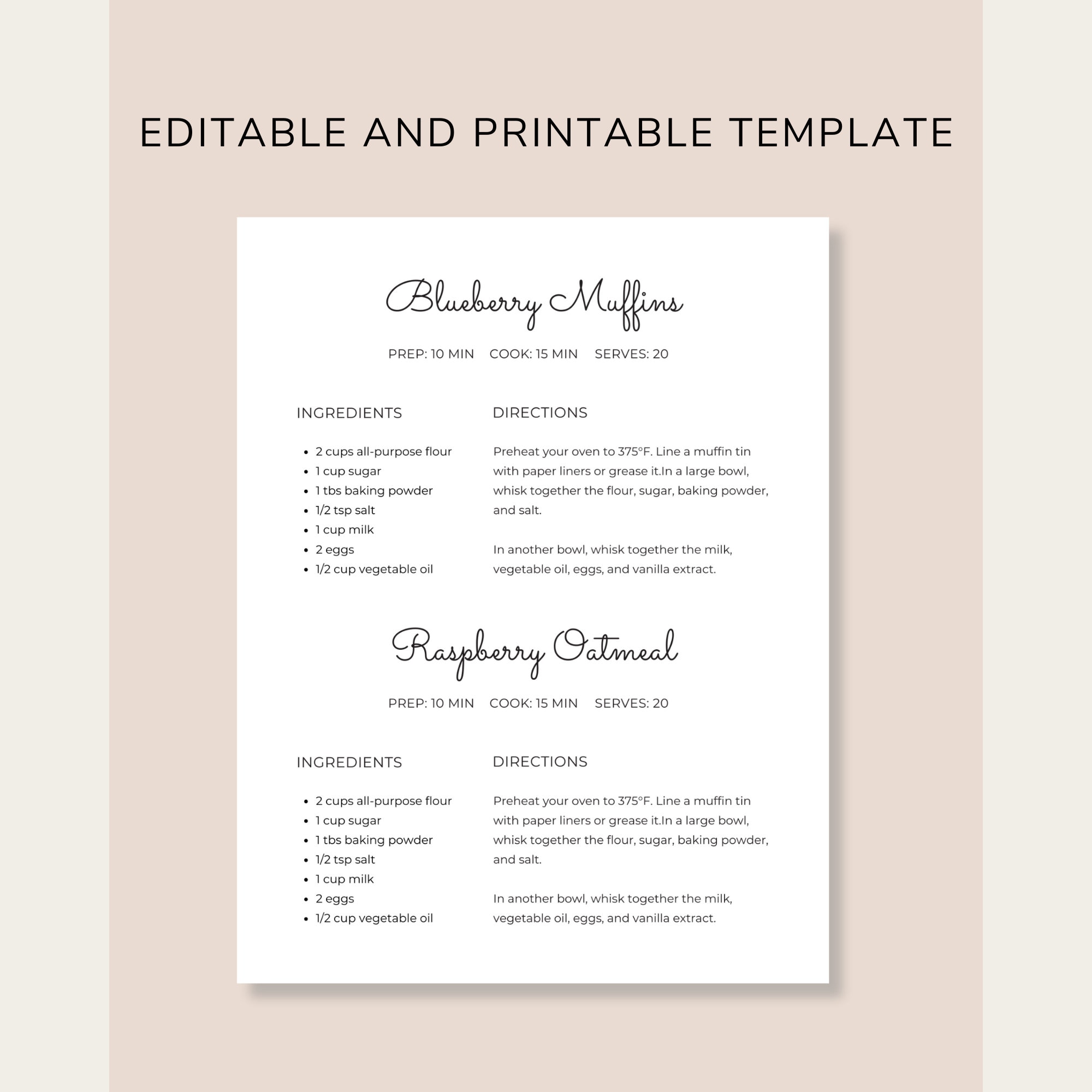 2 Recipes per Page Template for Short Recipes, Editable Recipe Book ...