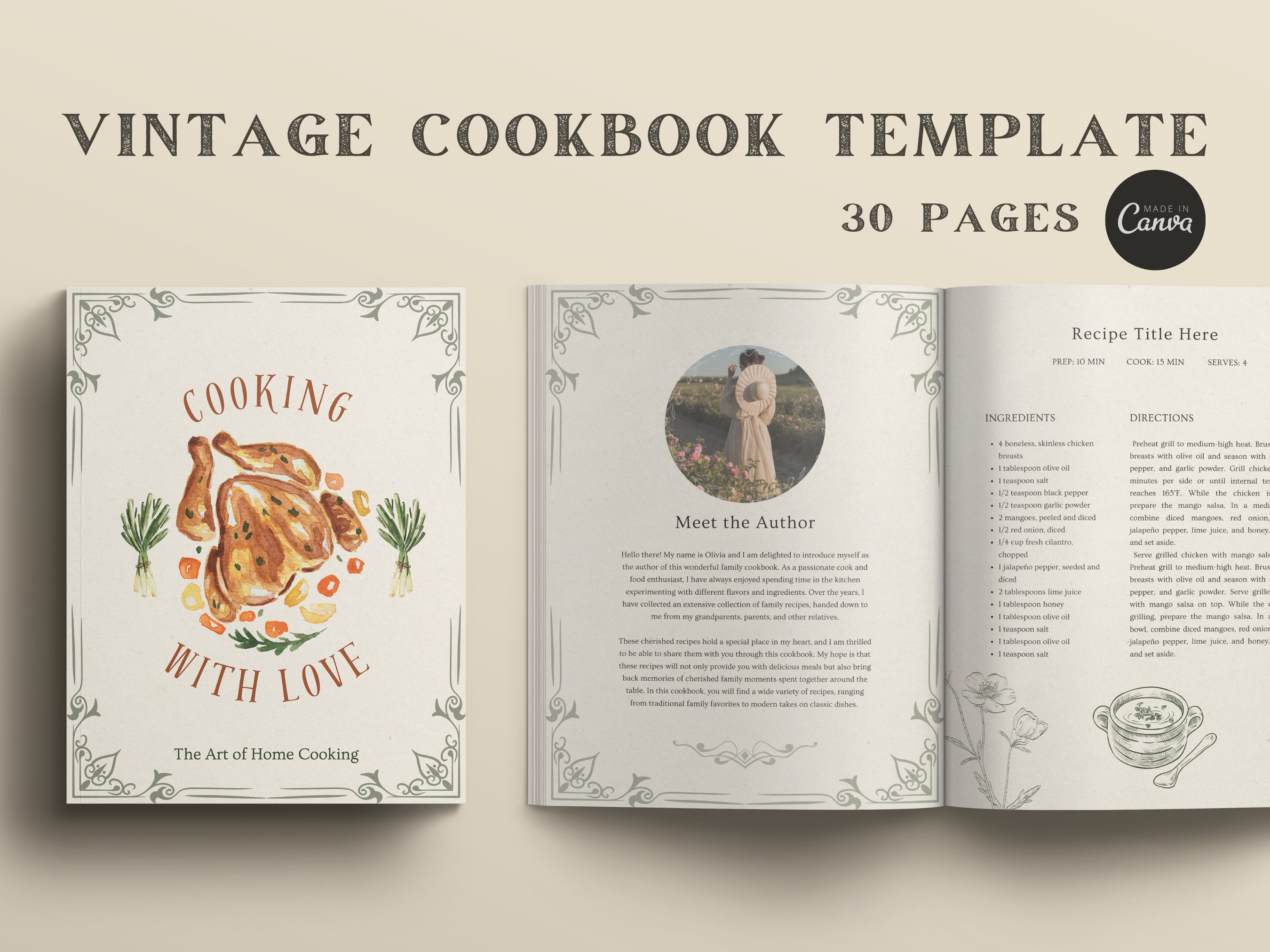 Vintage Cookbook Canva Template, Editable Recipe Book Template, Printable Recipe Binder Kit, Customizable Scrapbook Retro Old