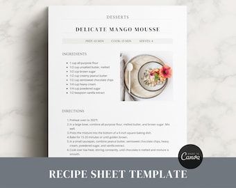 Modern Recipe Template, Editable Recipe Sheet Template Canva, Printable Recipe Book, Classic Cookbook Template