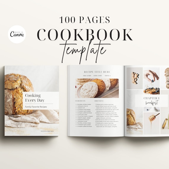 100 Page Cookbook Template, Recipe Book Template, Cook Book Template, Recipe Template, Canva Templates