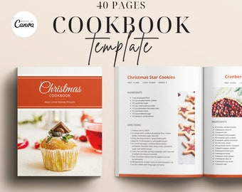 May include: A cookbook template with a red and orange cover featuring the text "Christmas Cookbook" and a photo of a cupcake. The open pages show recipes for Christmas Star Cookies and Cranberry Sauce.