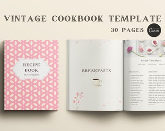 Cookbook Template Old Paper Retro Style, Vintage Recipe Book Template Editable and Printable, Canva Templates