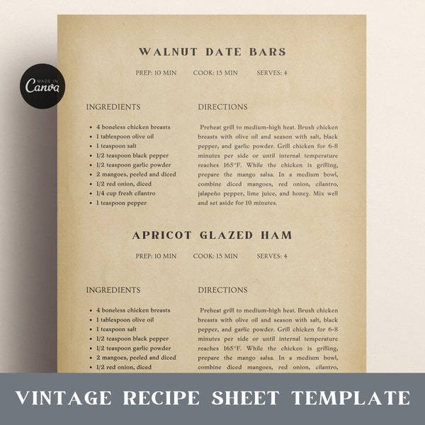 2 Recipes Page Template for Short Recipes, Retro Recipe Template, Vintage Canva Template, Editable Recipe Pages, Printable Cookbook Template