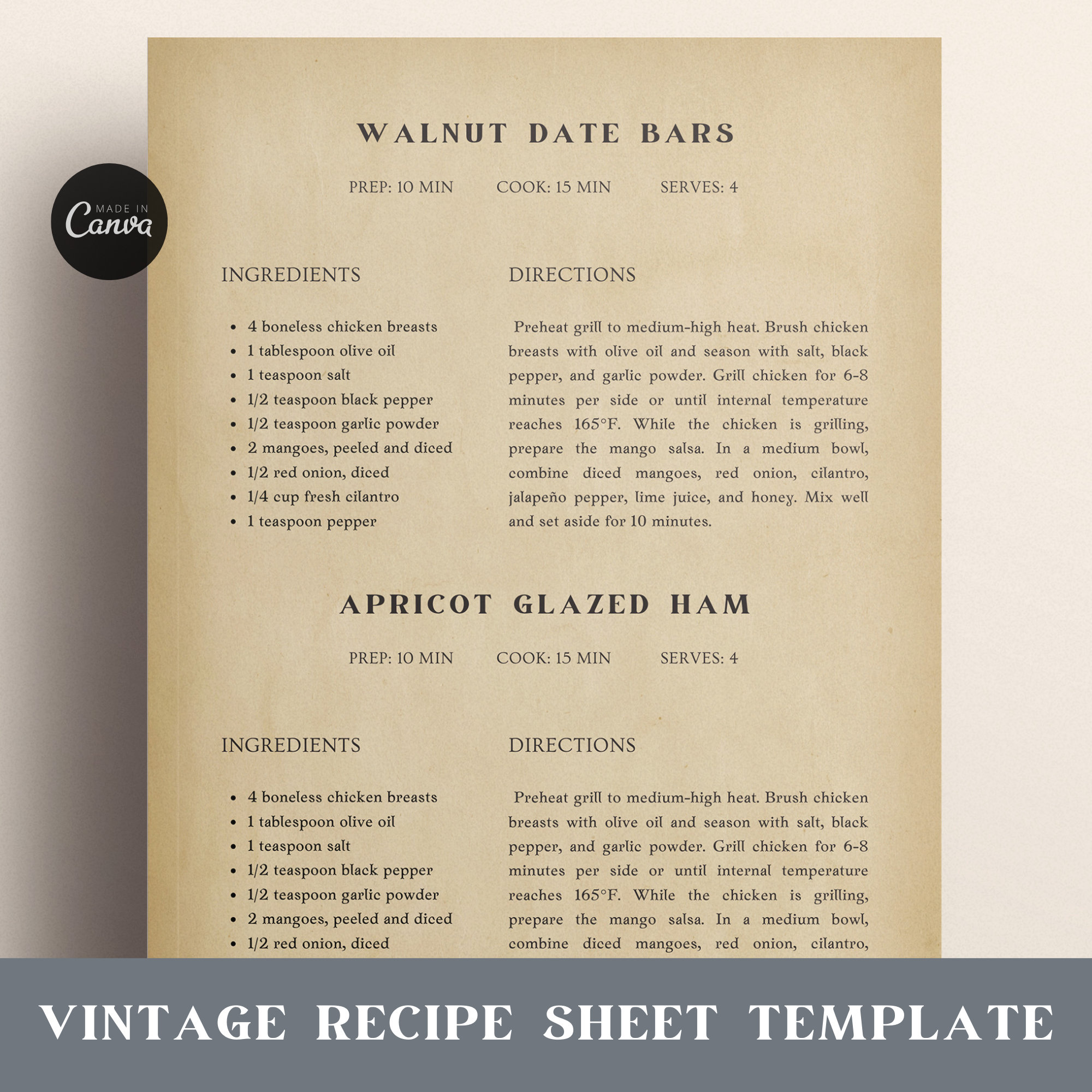 2 Recipes Page Template for Short Recipes, Retro Recipe Template ...