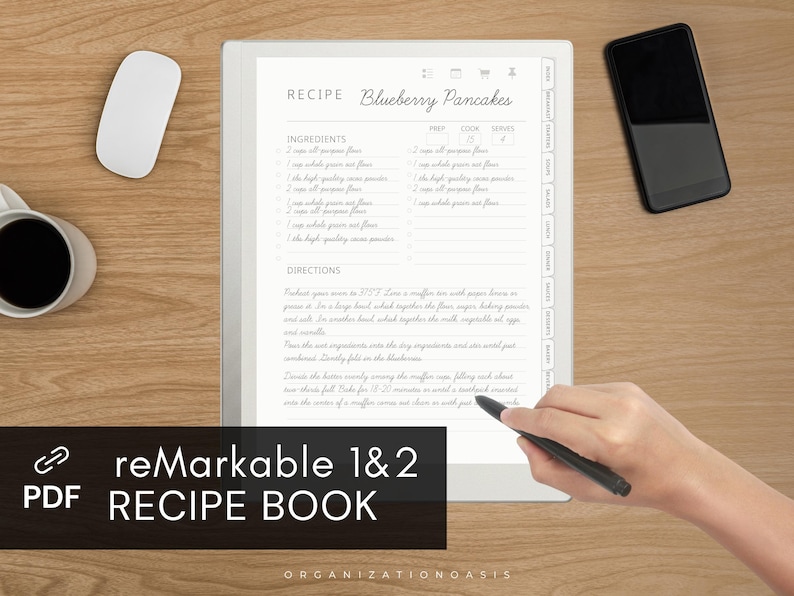 Digital Recipe Book for reMarkable 2 & 1, Hyperlinked Recipe Journal with Index ,12 Categories, Weekly Meal Planner & Grocery List