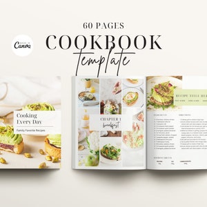 Recipe Book Template, Editable Cookbook Template, Printable Green Recipe ebook, Canva Templates