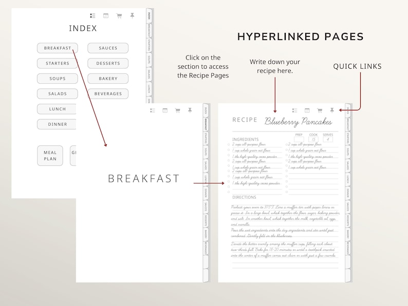 Digital Recipe Book for reMarkable 2 & 1, Hyperlinked Recipe Journal with Index ,12 Categories, Weekly Meal Planner & Grocery List