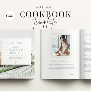 Könnte beinhalten: Eine Kochbuchvorlage mit weißem Hintergrund und einem Foto einer Frau beim Kochen. Das Cover zeigt den Text "Homemade and delicious The Homemade Recipe". Die Innenseite zeigt ein Rezept für Honig-Knoblauch-Hühnchen mit Zutaten und Anweisungen.