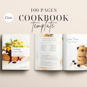 Puede incluir: Una plantilla de libro de cocina con 100 páginas. La portada presenta una foto de un sándwich de desayuno con un título que dice "Cooking Every Day Family Favorite Recipes". Las páginas interiores muestran una receta para "Simple Flavors Main Dishes" con una foto de magdalenas.