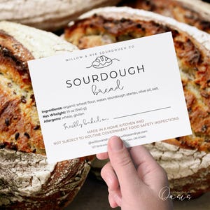 Sourdough Label Template, Cottage Law Bakery Labels, Sourdough Bread Care Tips Card, Sourdough Ingredient Label