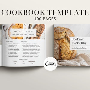 Könnte beinhalten: Eine Kochbuchvorlage im rustikalen Design. Das Cover zeigt ein Brot auf einem beigefarbenen Leinenstoff. Der Titel lautet "Cooking Every Day" mit dem Untertitel "Familienlieblingsrezepte". Die Innenseite zeigt ein Rezept für Hähnchen mit einer Zutatenliste und Anweisungen. Der Text "Made in Canva" ist in der unteren rechten Ecke sichtbar.