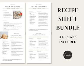 Recipe Template, Printable Recipe Book, Editable Recipe Sheet Template Canva, Clean Simple Cookbook Template 4 Page