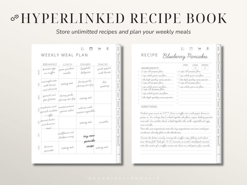 Digital Recipe Book for reMarkable 2 & 1, Hyperlinked Recipe Journal with Index ,12 Categories, Weekly Meal Planner & Grocery List
