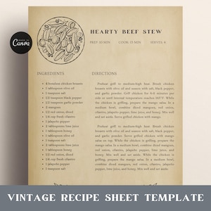 Vintage receptbladsjabloon voor Canva, bewerkbare retro-receptsjabloon, afdrukbare sjabloon Old School receptenboek