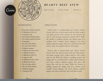 Vintage Recipe Sheet Template for Canva, Editable Retro Recipe Template, Printable Old School Recipe Book Template