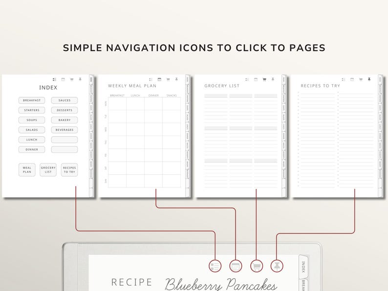 Digital Recipe Book for reMarkable 2 & 1, Hyperlinked Recipe Journal with Index ,12 Categories, Weekly Meal Planner & Grocery List
