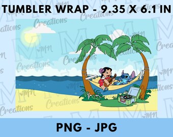 Lilo e Stitch Tumbler Wrap on Beach Sumblimation PNG, JPG