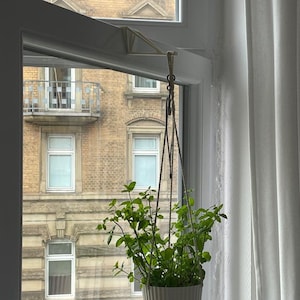 Pode incluir: Um vaso branco suspenso cheio de plantas verdes folhosas, suspenso em frente a uma janela. A janela revela uma vista de um edifício de tijolos com várias janelas e uma varanda. Cortinas brancas são visíveis no lado direito da imagem.