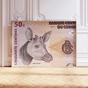 May include: A 50 centime banknote from the Democratic Republic of the Congo. The banknote features a brown okapi with a geometric pattern in the background. The text "BANQUE CENTRALE DU CONGO" is printed in the upper right corner.
