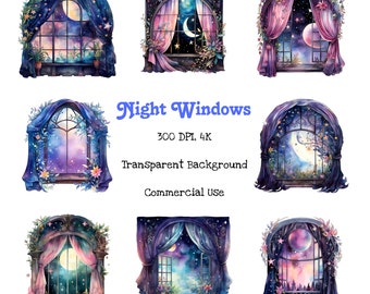 Mystical Night Windows Clip Art: Fantasy Window Illuminations for Your Creative Designs, PNG, Instant Digital Download, Commercial Use