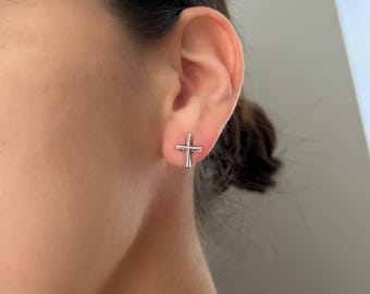 Simple Sterling Silver Cross Stud Earrings