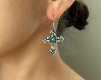 Cross Dangle Earrings With Genuine Turquoise Stone and Beautiful Intricate Details