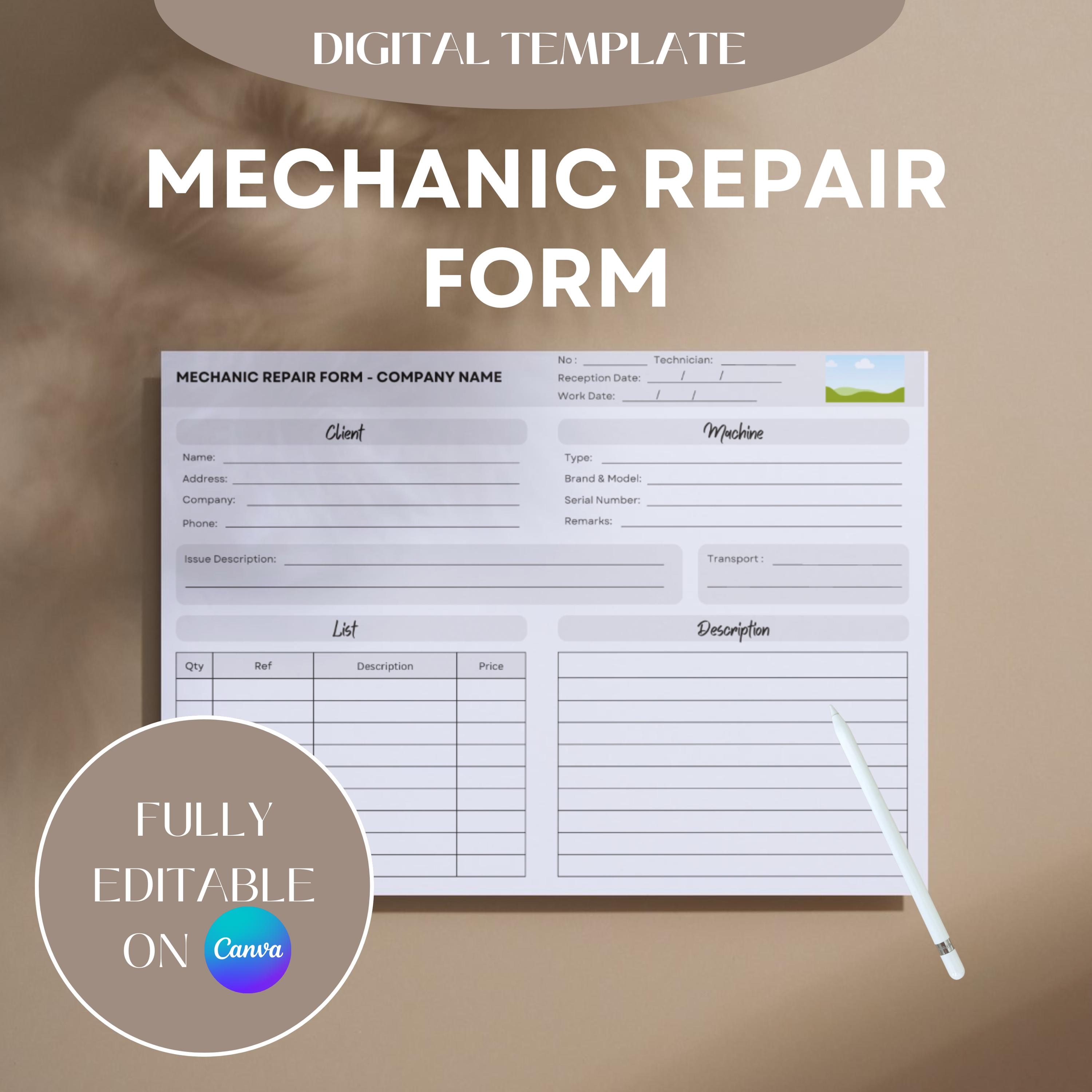 Mechanic Repair Form | Editable Work Order Template | Printable Canva ...