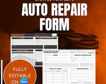 Auto Repair Form Template | Car Repair Work Order Printable (Black and White & Color) | Mechanic Invoice Sheet | Editable Canva Download