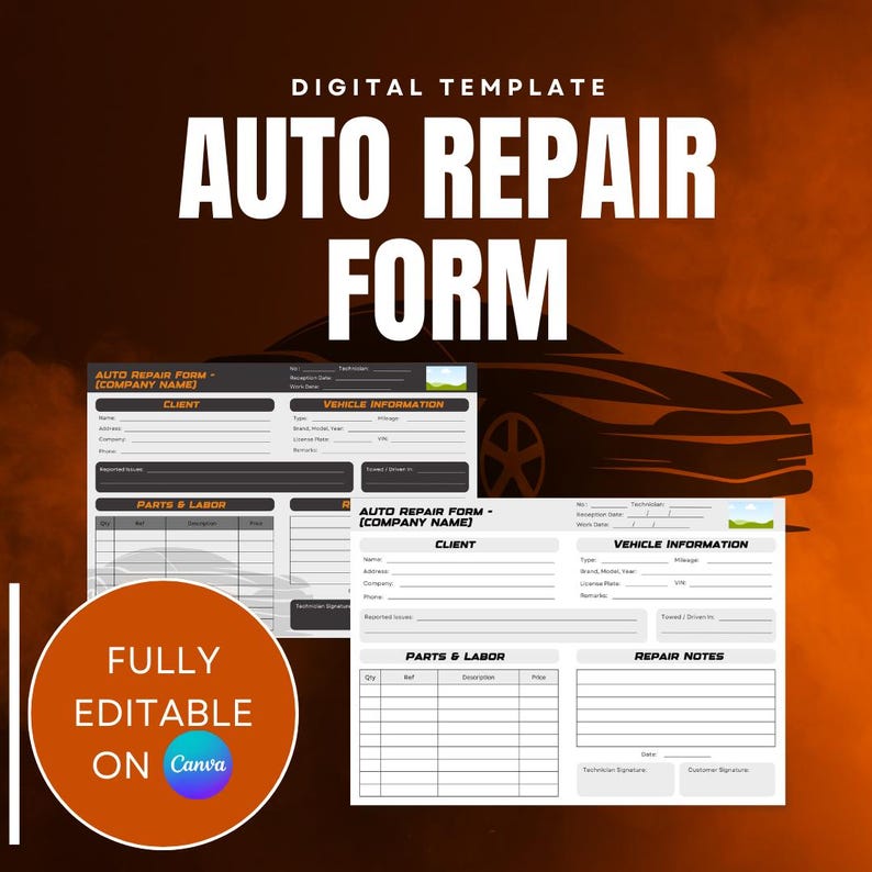 Auto Repair Form Template | Car Repair Work Order Printable (black and ...