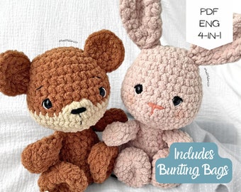 CROCHET PATTERN 4-in-1 | Snuggle Babies with Bunting Bags | BearBear | Bunbun | Nursery Decor | Santa  | Gingerbread  | Christmas  |