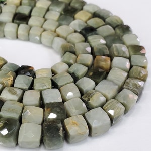 Natural Green Cats Eye Gemstone Faceted Cubes Beads | 7 mm Cats Eye Faceted Box | 8&#39;&#39; Inch Beads Strand | 3D Cube Beads For Jewelry Making