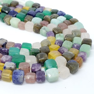 Multi Gemstone Faceted Cube Beads: 8 Inch Strand for Jewelry Making