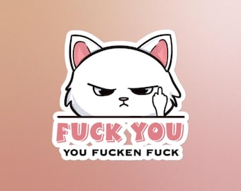 Offensive White Cat Middle Finger Sticker: Adult Humor Gift