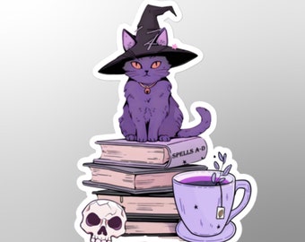 Lila gruselige Hexe Katze Aufkleber, Katze, Kaffeetasse, Gebräu, Witchy, Hut, Bücherwurm, Schädel, Bibliothekarin, Leseecke, Kindle, Notizbuch, Geschenk